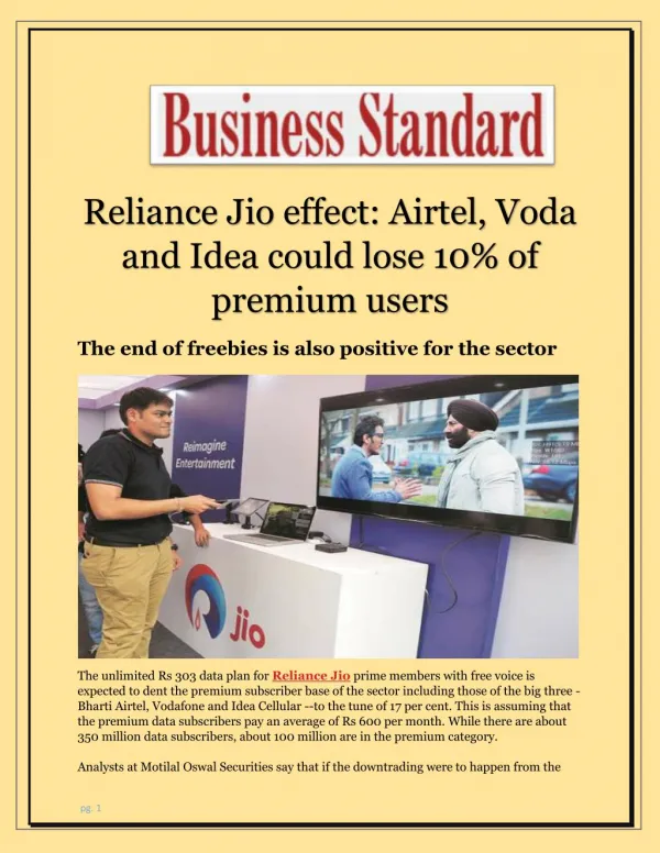 Reliance Jio effect: Airtel, Voda and Idea could lose 10% of premium users