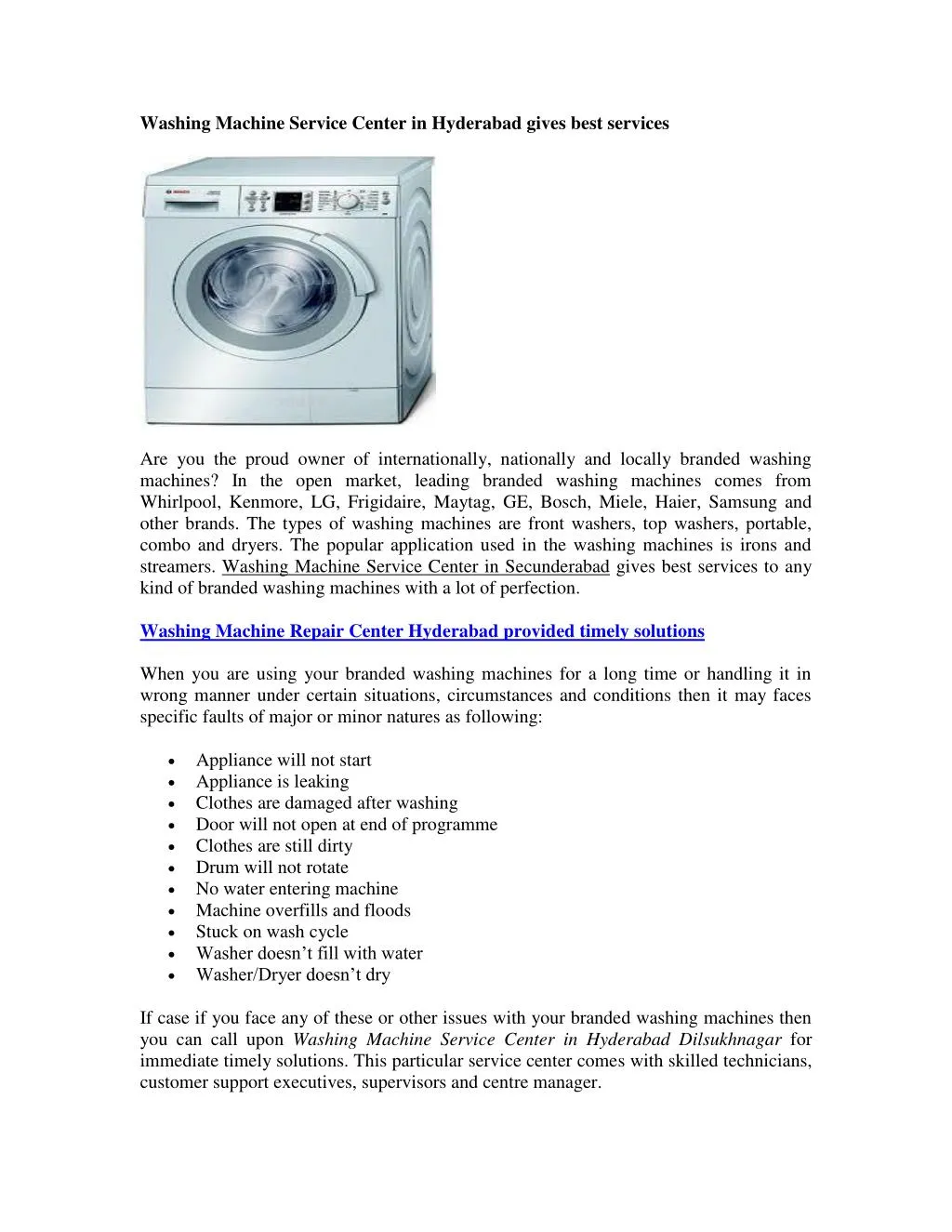 washing machine service center in hyderabad gives