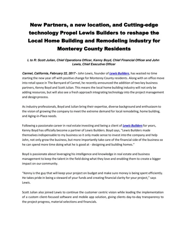 New Partners, a new location, and Cutting-edge technology Propel Lewis Builders to reshape the Local Home Building and R