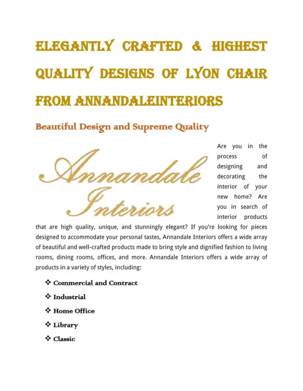 Elegantly Crafted & Highest Quality Designs of Lyon Chair from AnnandaleInteriors