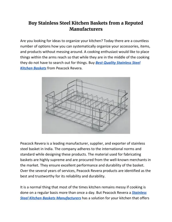 Buy Stainless Steel Kitchen Baskets from a Reputed Manufacturers