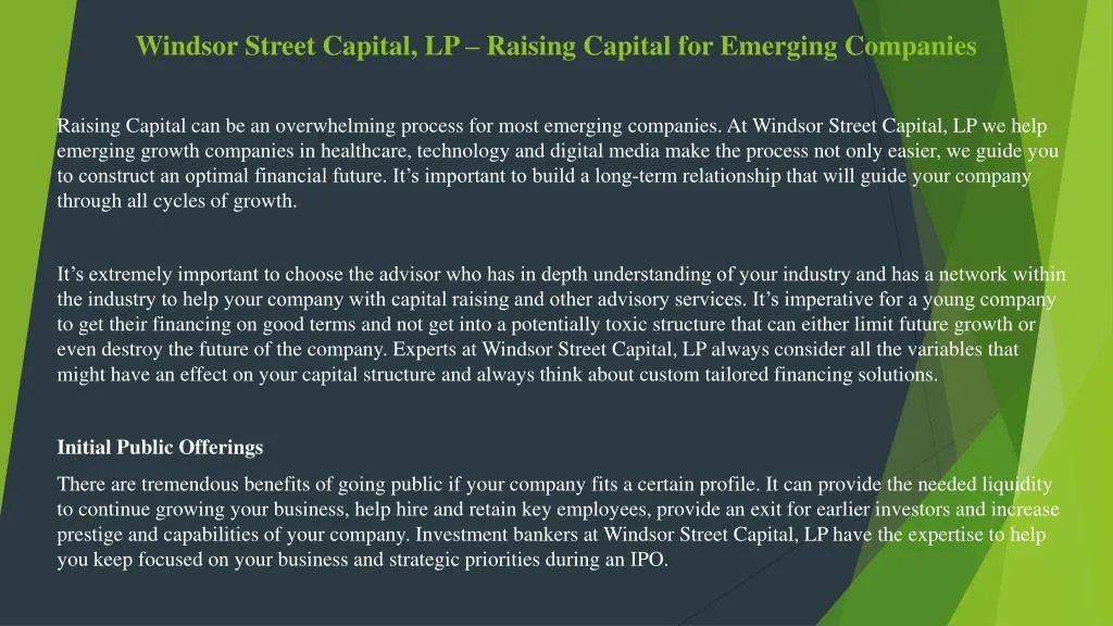 windsor street capital lp raising capital for emerging companies
