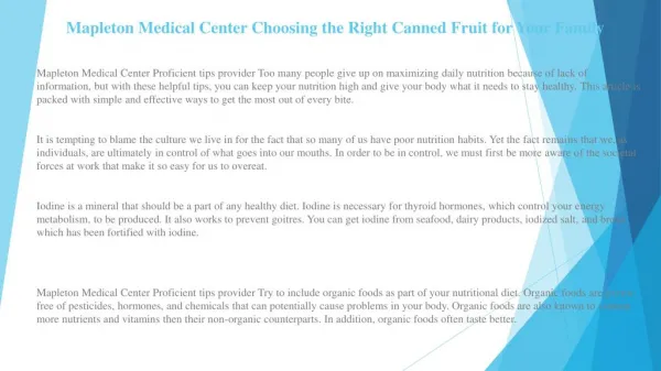 Mapleton Medical Center Follow These Suggestions to Ensure Optimal Nutrition Intake