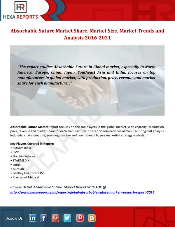 Absorbable Suture Market Analysis of Sales, Revenue, Price, Market Share and Growth Rate to 2021