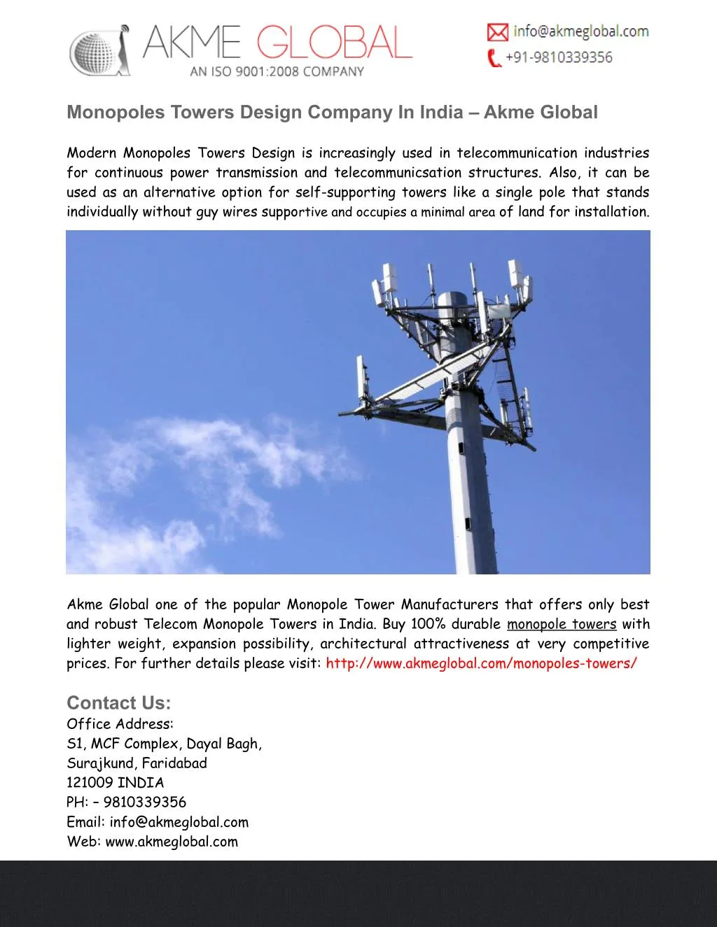 monopoles towers design company in india akme
