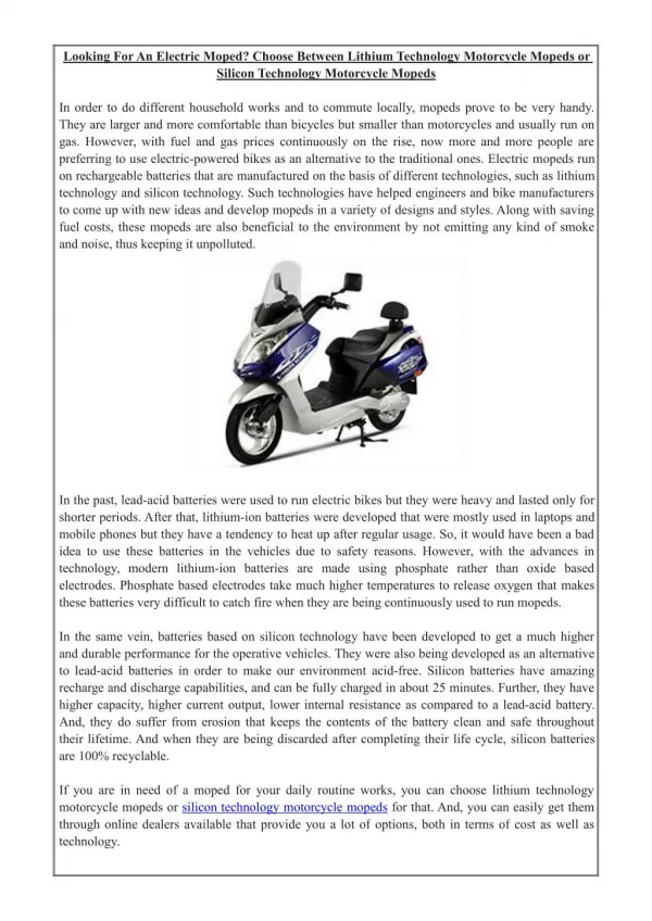 Looking For An Electric Moped? Choose Between Lithium Technology Motorcycle Mopeds or Silicon Technology Motorcycle Mope