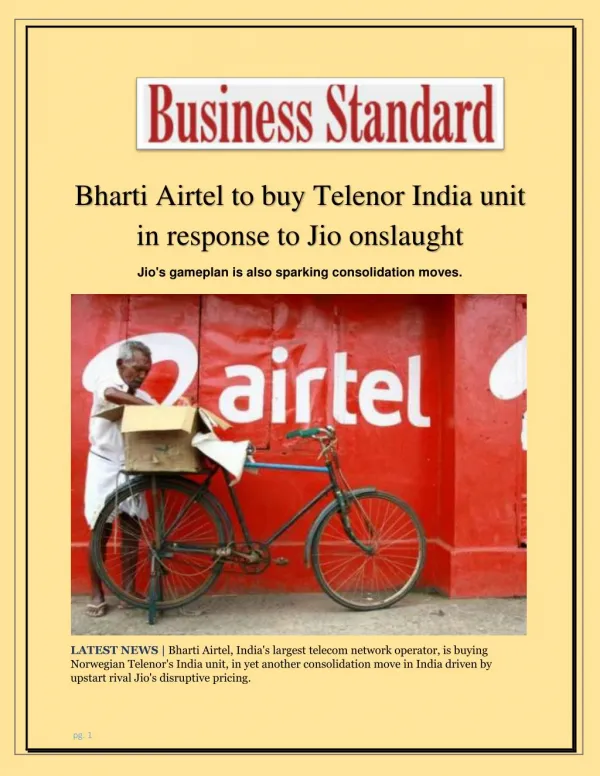 Bharti Airtel to Buy Telenor India Unit in Response to Jio Onslaught