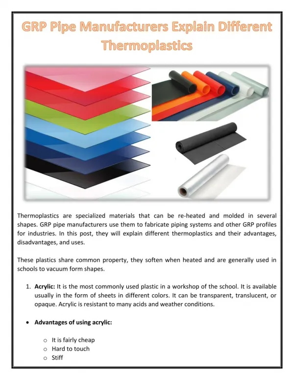 GRP Pipe Manufacturers Explain Different Thermoplastics