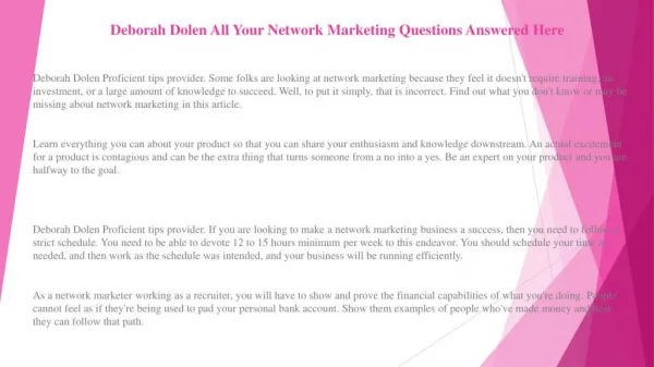 Deborah Dolen Network Marketing: How to Be Successful in The Business