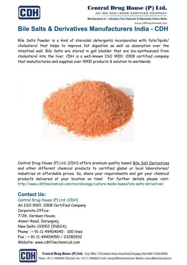 Bile Salts & Derivatives Powder Suppliers India