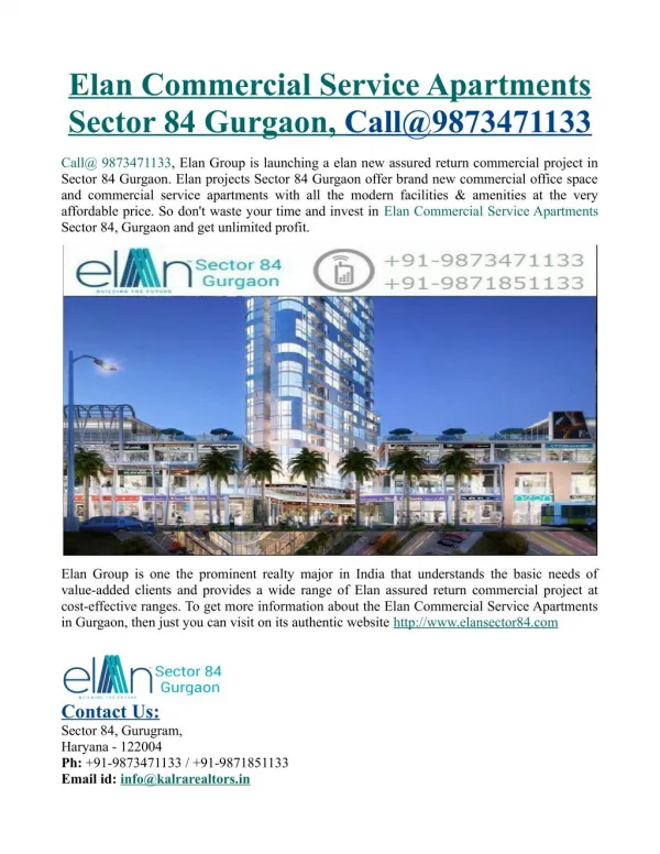 Elan Commercial Service Apartments Sector 84 Gurgaon, Call@9873471133
