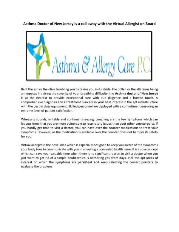 Asthma Doctor of New Jersey is a call away with the Virtual Allergist on Board