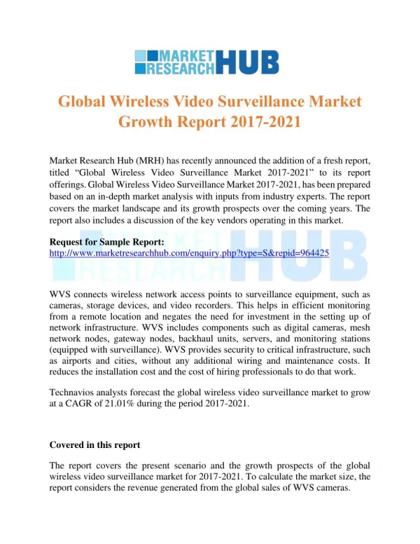 Global Wireless Video Surveillance Market Growth Report 2017-2021