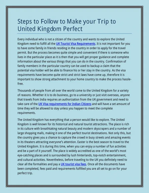 Steps to Follow to Make your Trip to United Kingdom Perfect