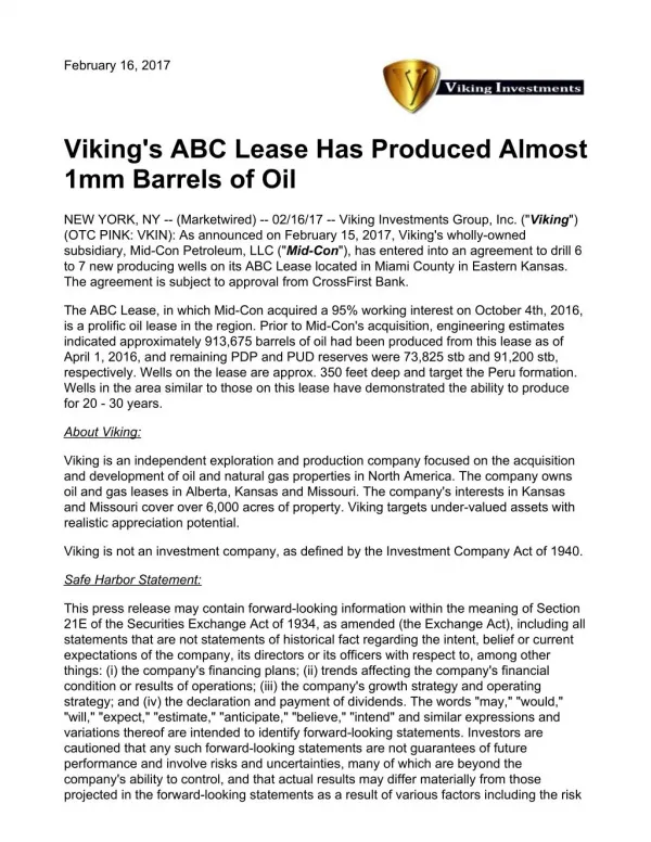 VIKING'S ABC LEASE HAS PRODUCED ALMOST 1MM BARRELS OF OIL