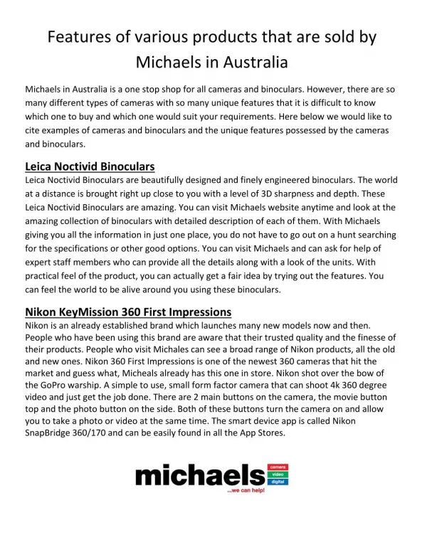 Features of Various Products That are Sold by Michaels in Australia