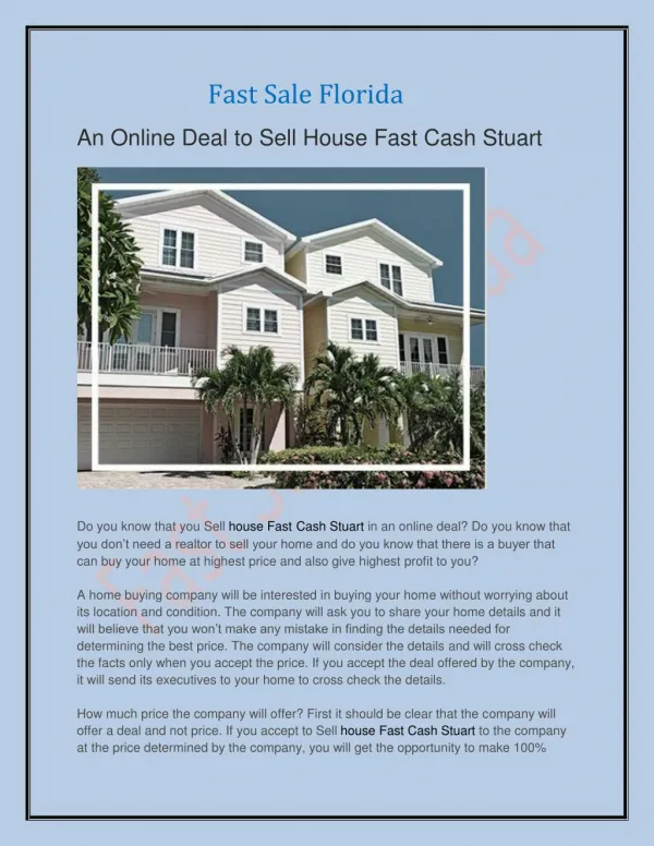 An Online Deal to Sell House Fast Cash Stuart