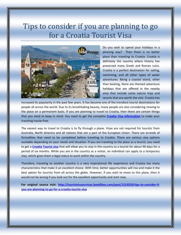 Tips to consider if you are planning to go for a Croatia Tourist Visa