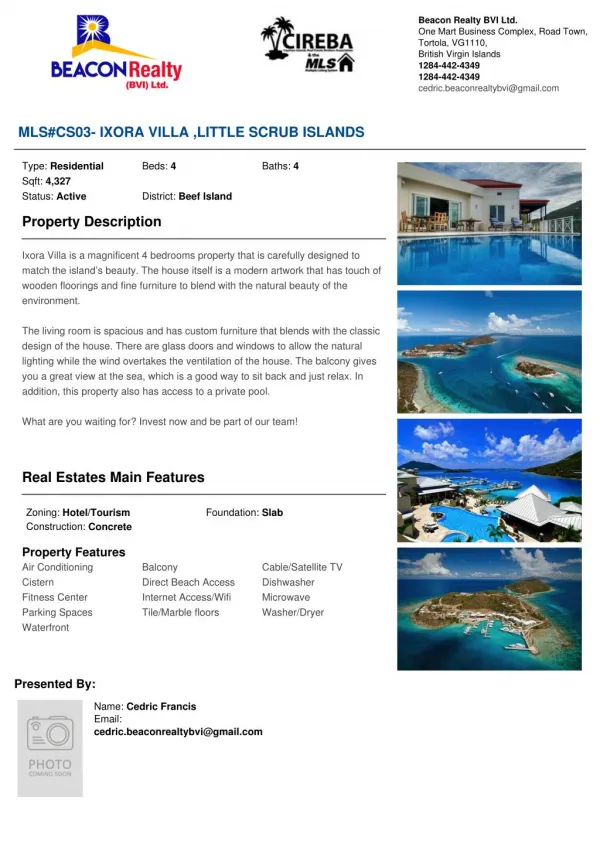 Ixora Villa residential property for sale in British virgin Islands.