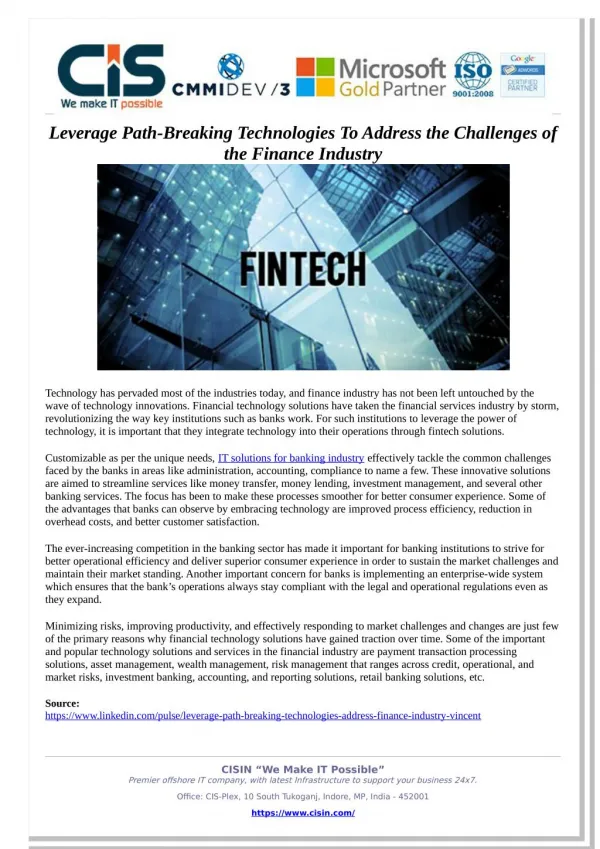 Leverage Path-Breaking Technologies To Address the Challenges of the Finance Industry