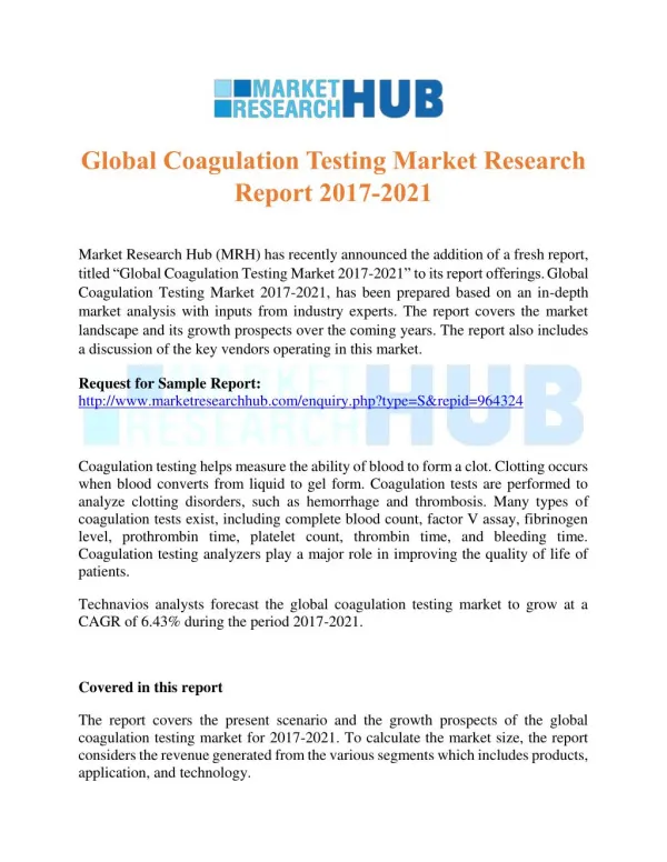 Global Coagulation Testing Market Research Report 2017-2021