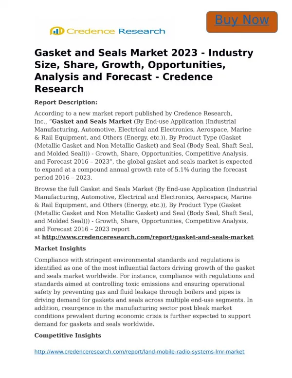 Gasket and Seals Market 2023 - Industry Size, Share, Growth, Opportunities, Analysis and Forecast - Credence Research
