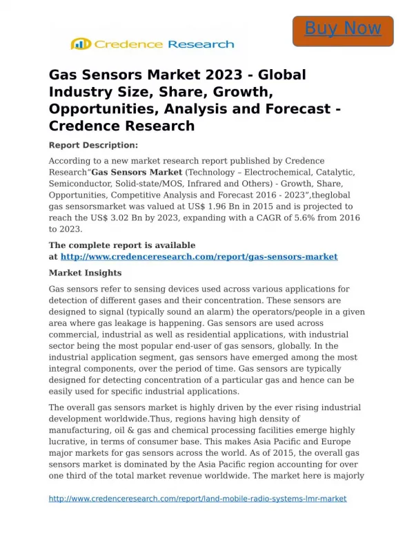 Gas Sensors Market 2023 - Global Industry Size, Share, Growth, Opportunities, Analysis and Forecast - Credence Research