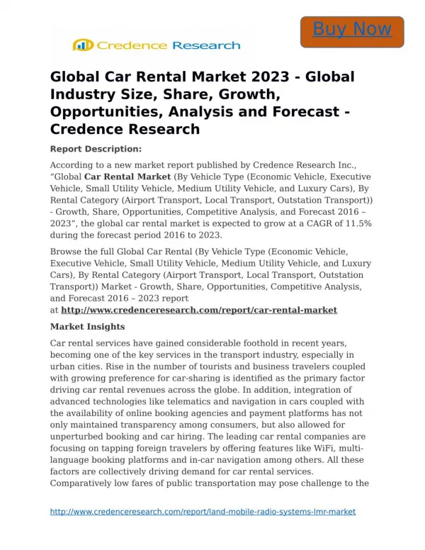 Global Car Rental Market 2023 - Global Industry Size, Share, Growth, Opportunities, Analysis and Forecast - Credence Res