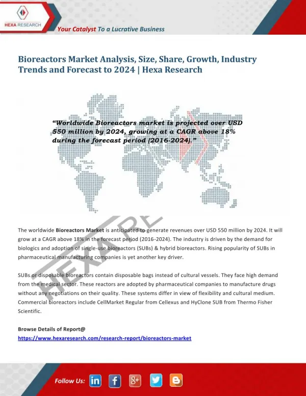 Bioreactors Market Size, Trends, Share Report, 2024 | Hexa Research
