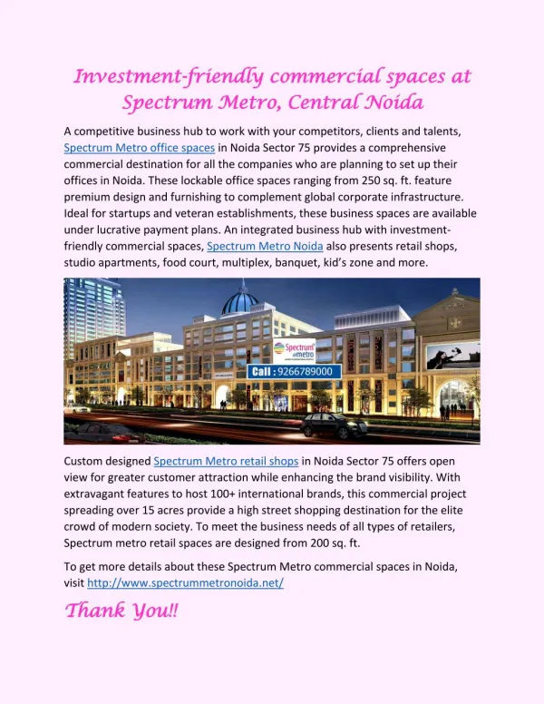 Investment-friendly commercial spaces at Spectrum Metro, Central Noida