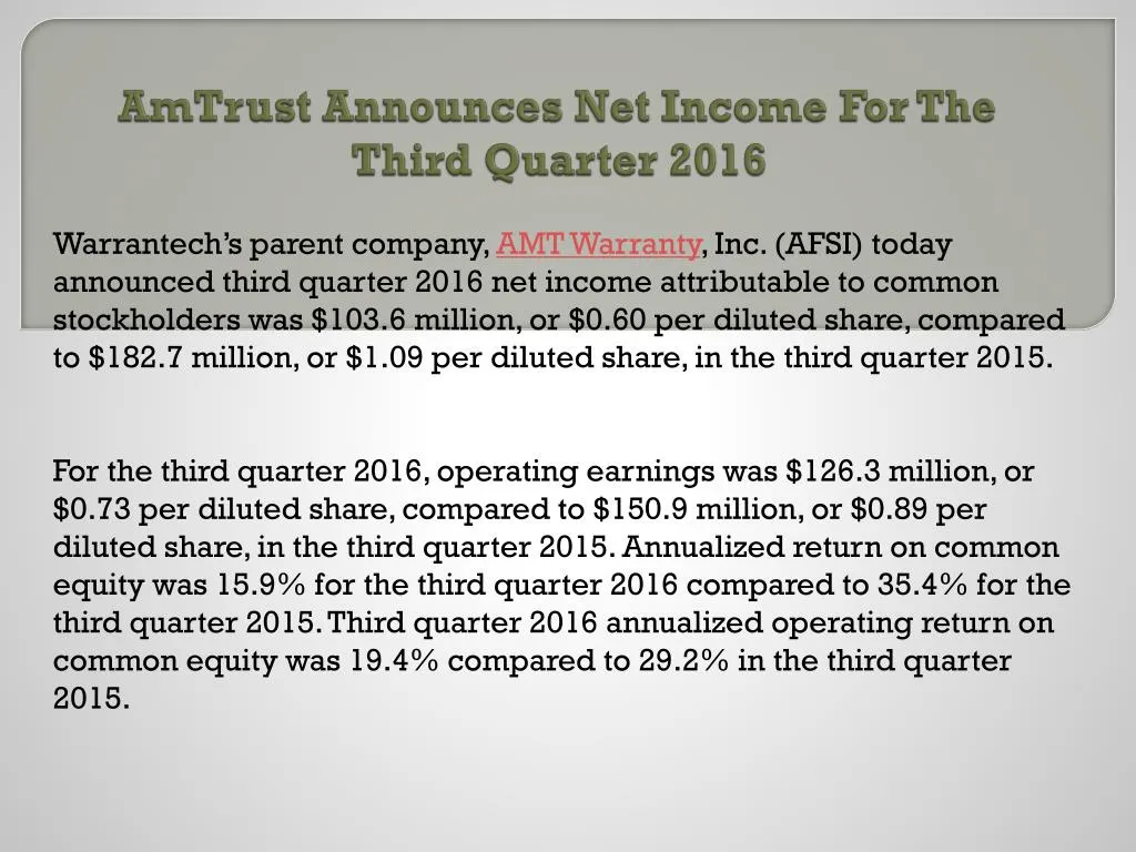 amtrust announces net income for the third quarter 2016