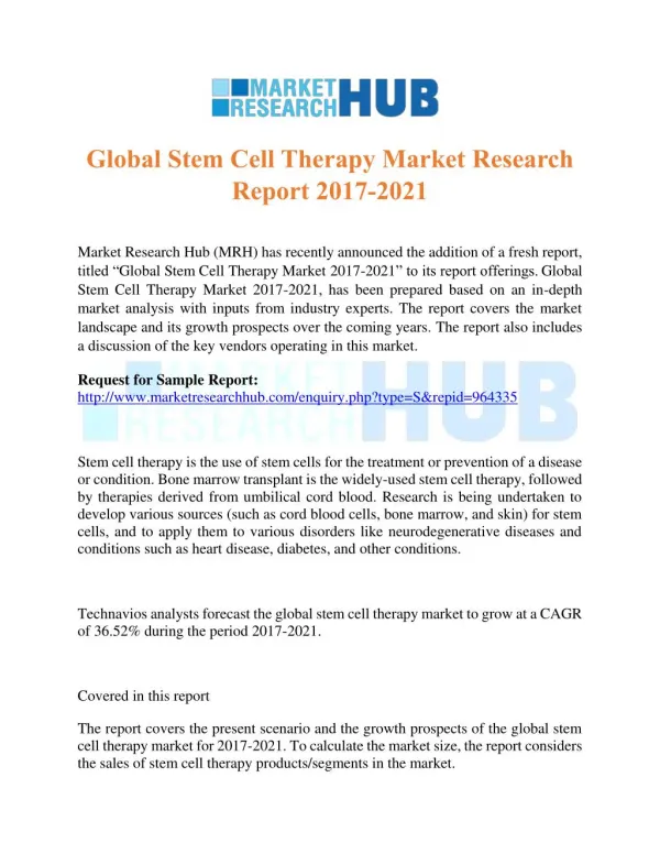 Global Stem Cell Therapy Market Research Report 2017-2021