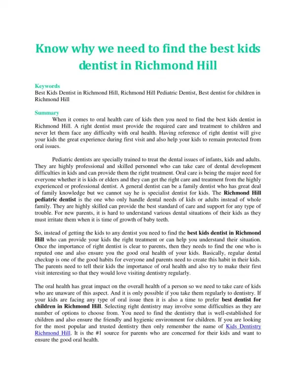 Know why we need to find the best kids dentist in Richmond Hill