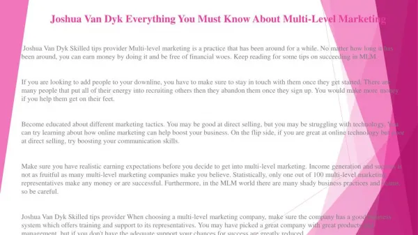 Joshua Van Dyk Experts' Suggestions on How to Better Your Multi-Level Marketing