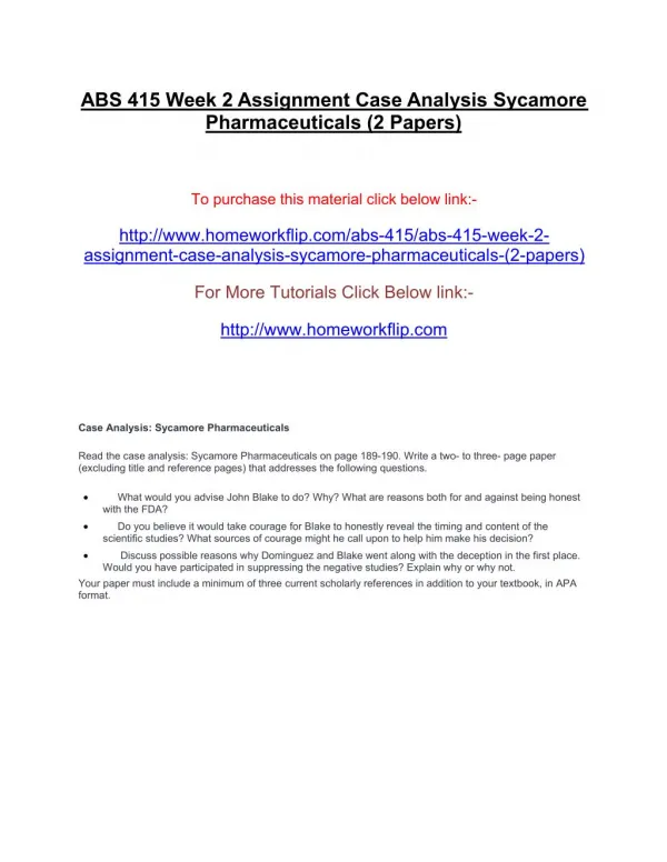 ABS 415 Week 2 Assignment Case Analysis Sycamore Pharmaceuticals (2 Papers)