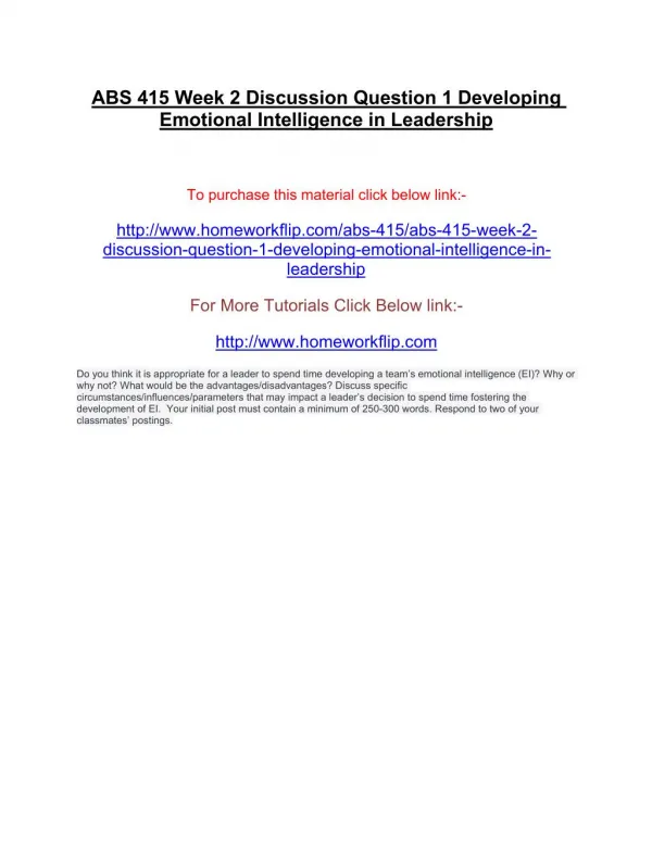 ABS 415 Week 2 Discussion Question 1 Developing Emotional Intelligence in Leadership