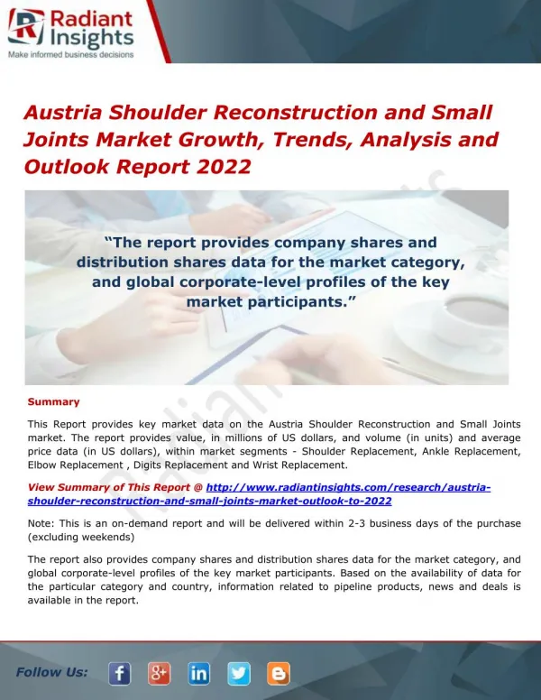 Austria Shoulder Reconstruction and Small Joints Market Size, Share and Forecasts 2022