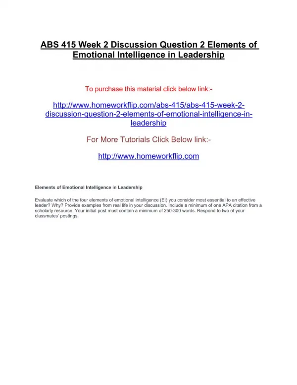 ABS 415 Week 2 Discussion Question 2 Elements of Emotional Intelligence in Leadership