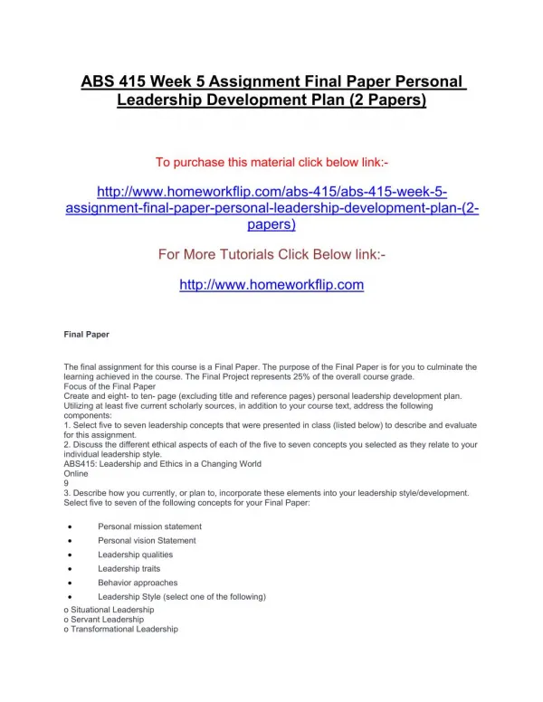 ABS 415 Week 5 Assignment Final Paper Personal Leadership Development Plan (2 Papers)