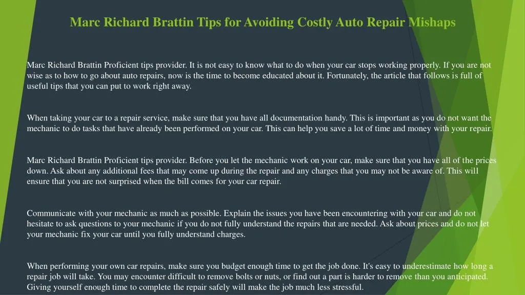 marc richard brattin tips for avoiding costly auto repair mishaps