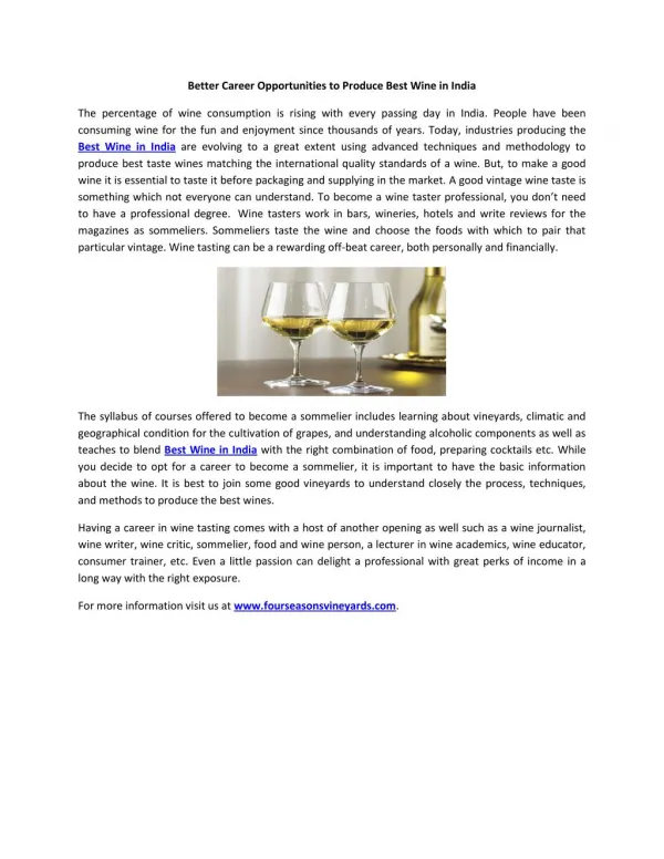 Better Career Opportunities to Produce Best Wine in India