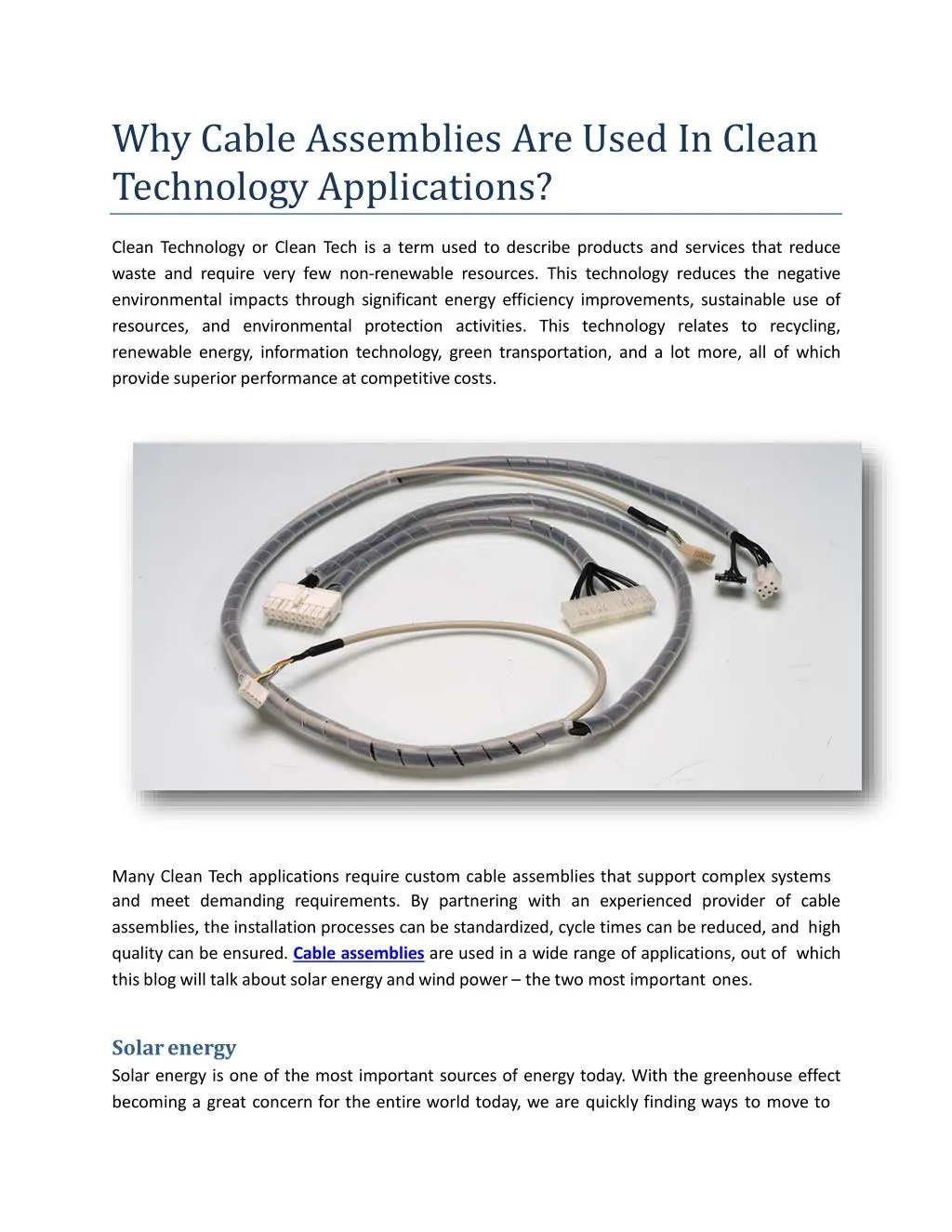 why cable assemblies are used in clean technology