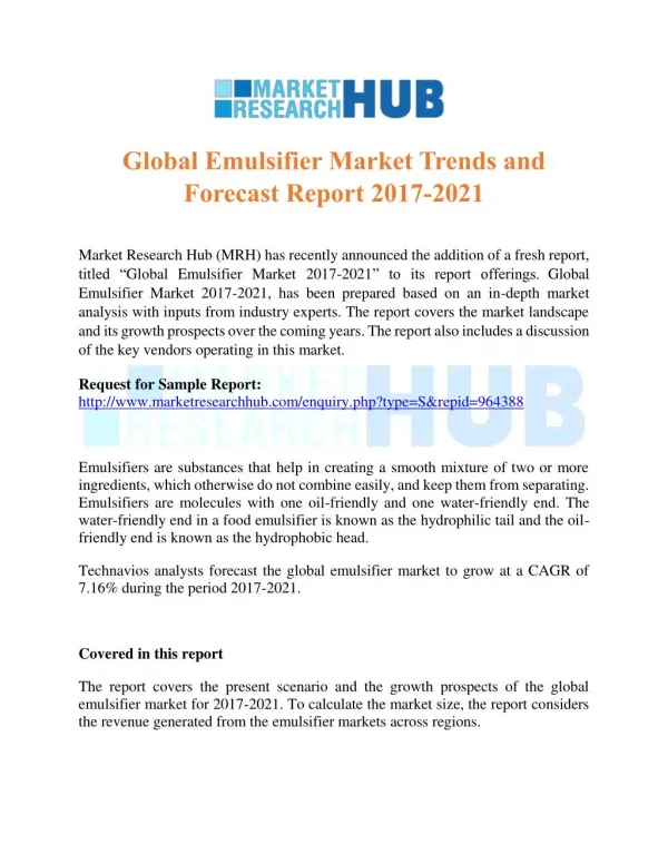 Global Emulsifier Market Trends and Forecast Report 2017-2021
