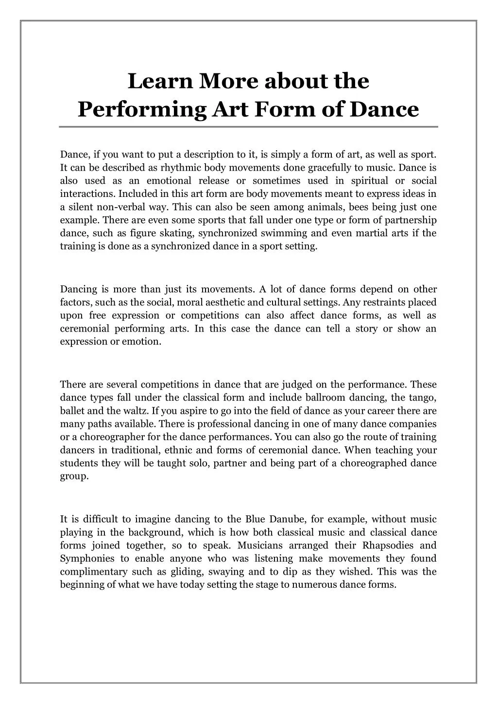 learn more about the performing art form of dance