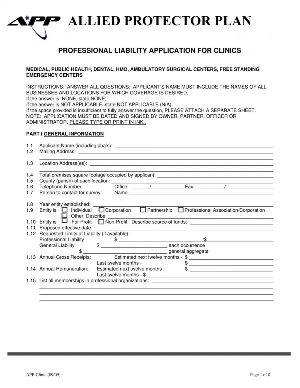 Professional Liability Application for Clinics