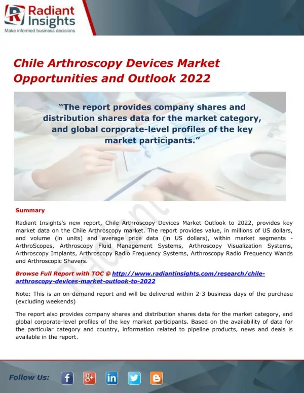 Chile Arthroscopy Devices Market Share, Size, Research Report 2022