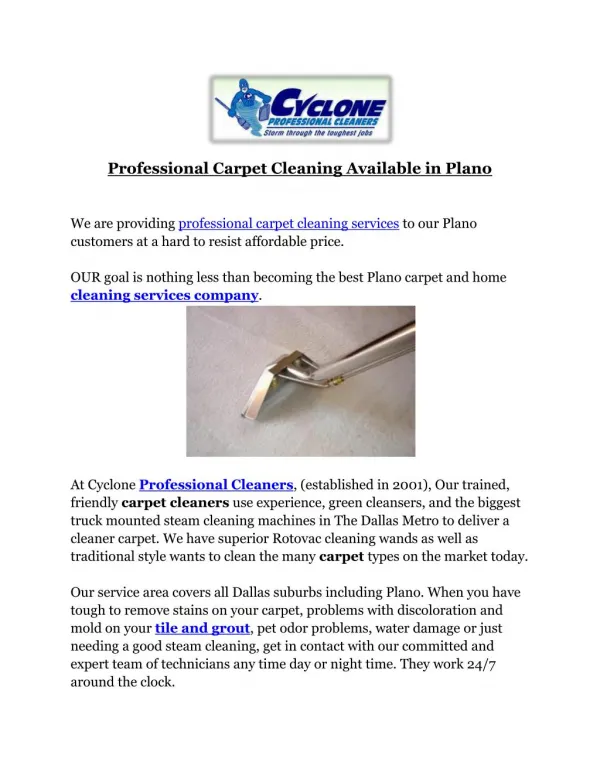 Professional Carpet Cleaning Available in Plano