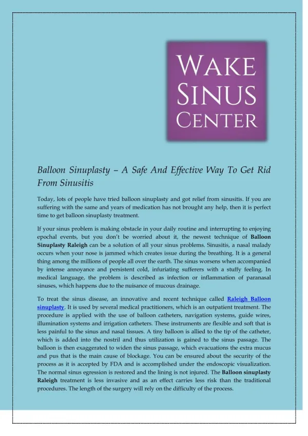 Balloon Sinuplasty – A Safe And Effective Way To Get Rid From Sinusitis