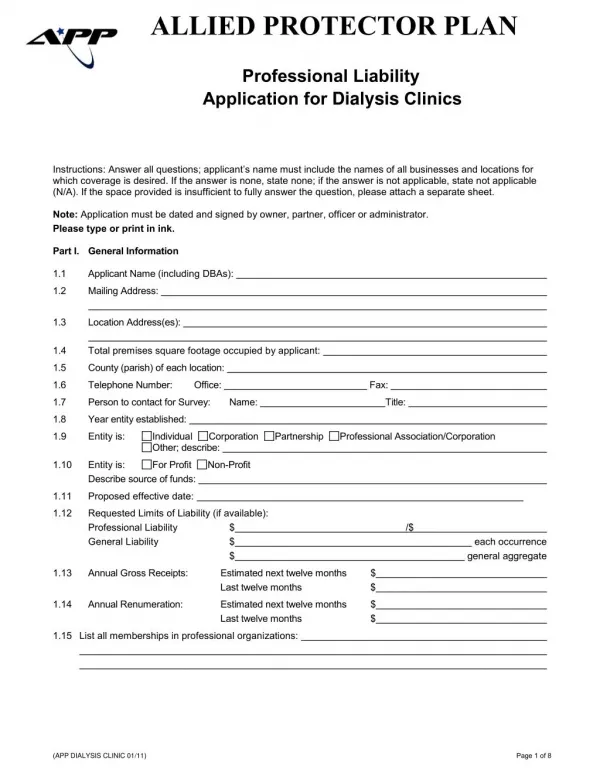 Professional Liability Application for Dialysis Clinics