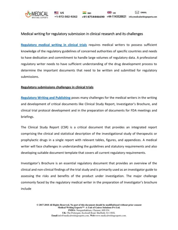 Medical writing for regulatory submission in clinical research and its challenges